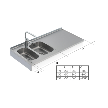 Dimensions - Wall Mounted Motorised Height Adjustable Sink Module 6300-ESG