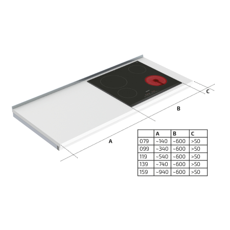 Dimensions - Wall Mounted Manual Height Adjustable Cooktop Module 6380LA-S4