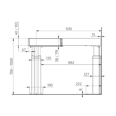 Dimensions - Countertop lift system Baselift Corner 6311HA, 45°- 90°, floor-mounted