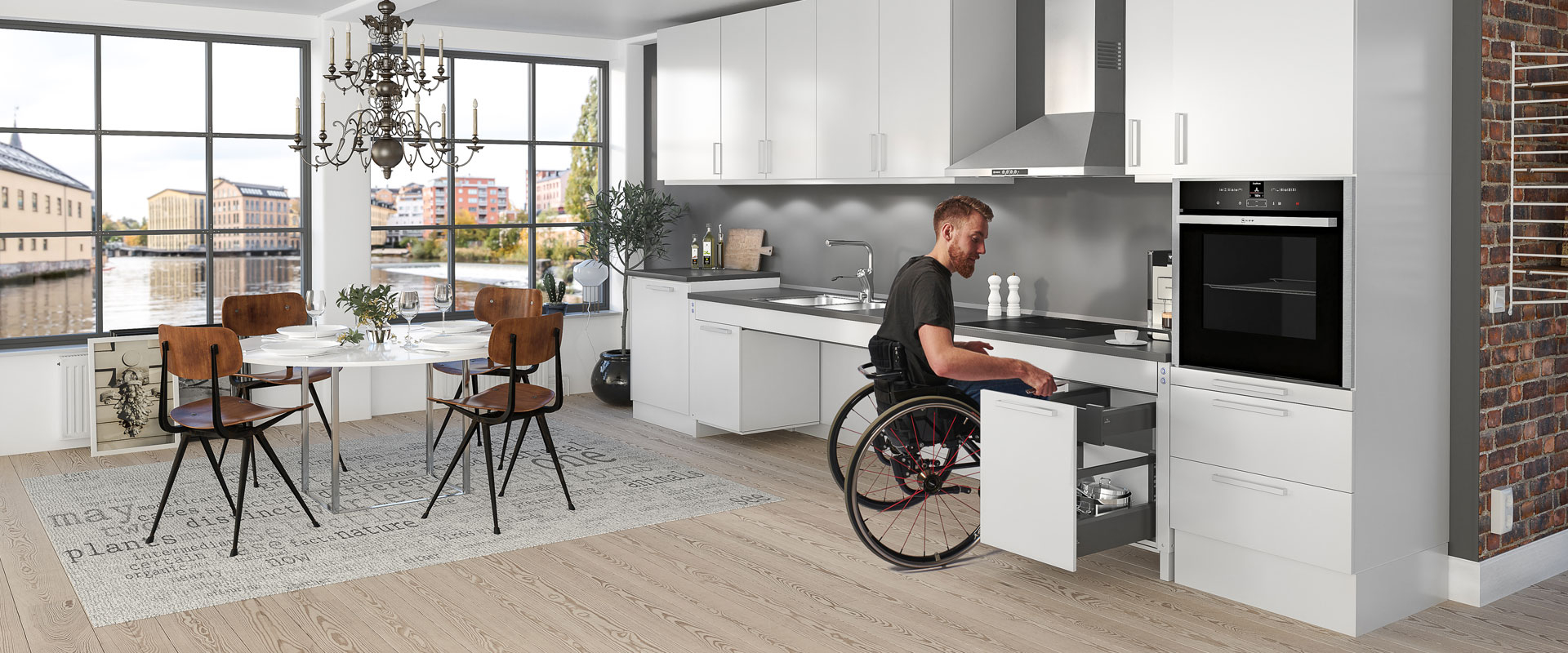 An ADA Kitchen must be planned to give space for a wheelchair user. A good ADA Kitchen have for example pull out drawers, adjustable height shelves and countertops.