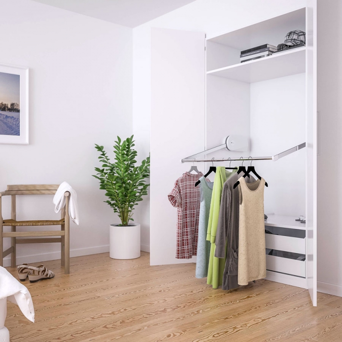 The motor units take up little space and is screwed into the sides of the wardrobe. Height adjustment made by a wireless remote control.