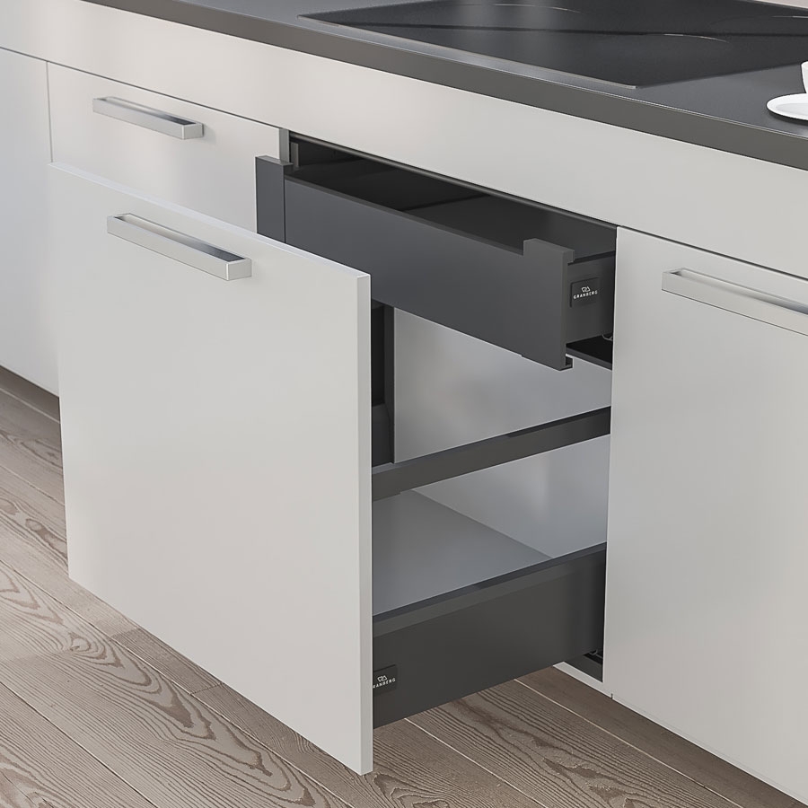 The hanging cabinets are equipped with two fully-extendable, soft-close drawers.